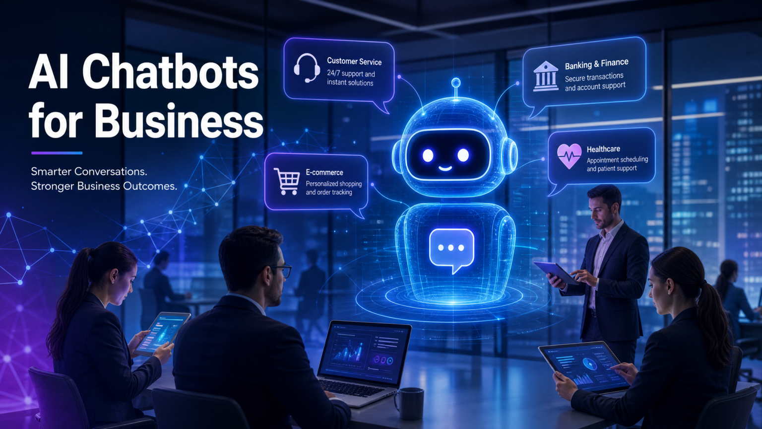 AI chatbots for business - holographic chatbot interface with business professionals