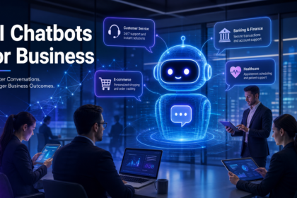 AI chatbots for business - holographic chatbot interface with business professionals